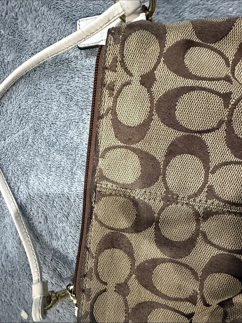 Coach Brown Signature Canvas Wristlet with Cream Trim and Gold Hardware